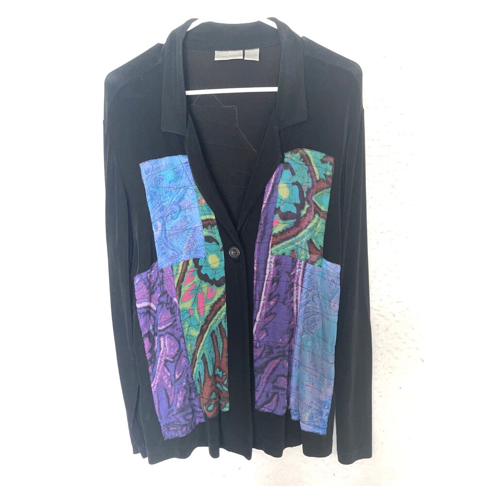 Chico’s Travelers Collared Sz 2 Button Cardigan Jacket Black Stretch L Patchwork